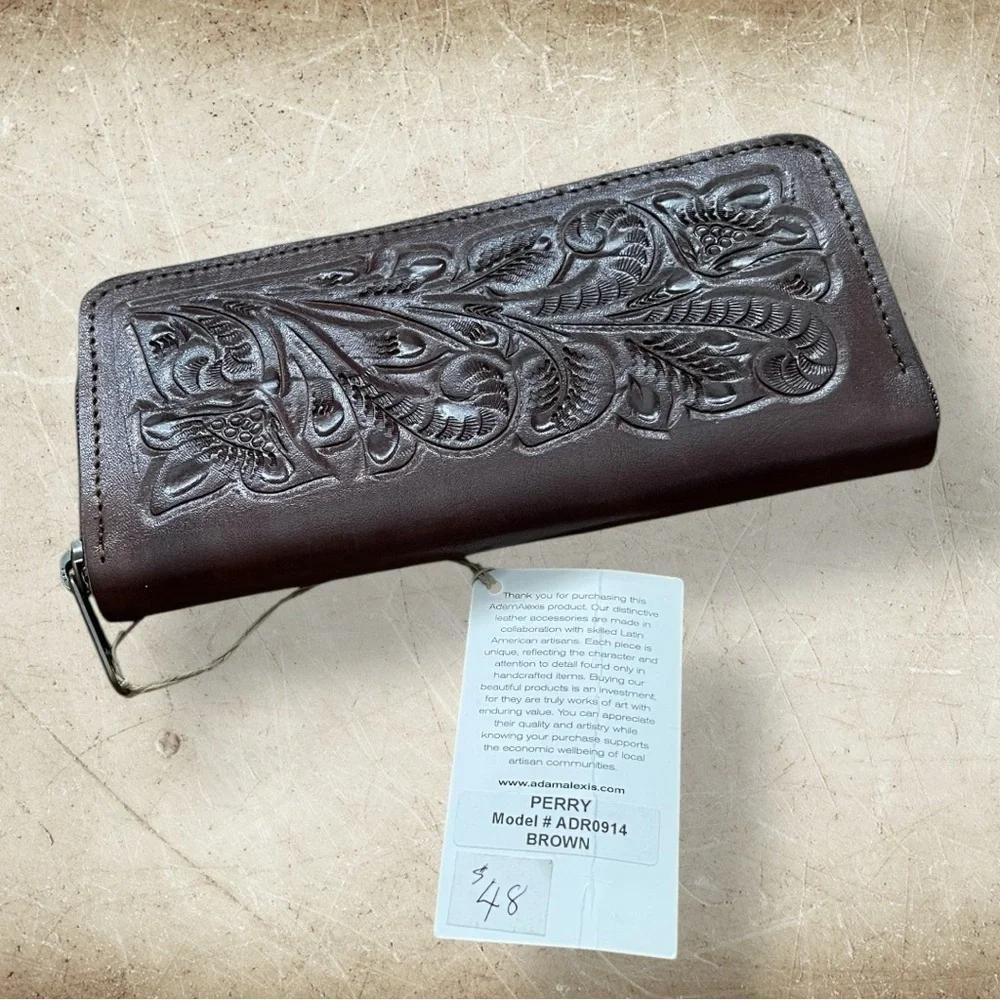 ADAMAlexis NWT Hand Tooled Brown Leather Zip Around Wallet